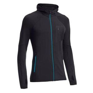 Icebreaker Merino Black Atom LS Full Zip Hooded Sweater - Medium *flaws / holes*